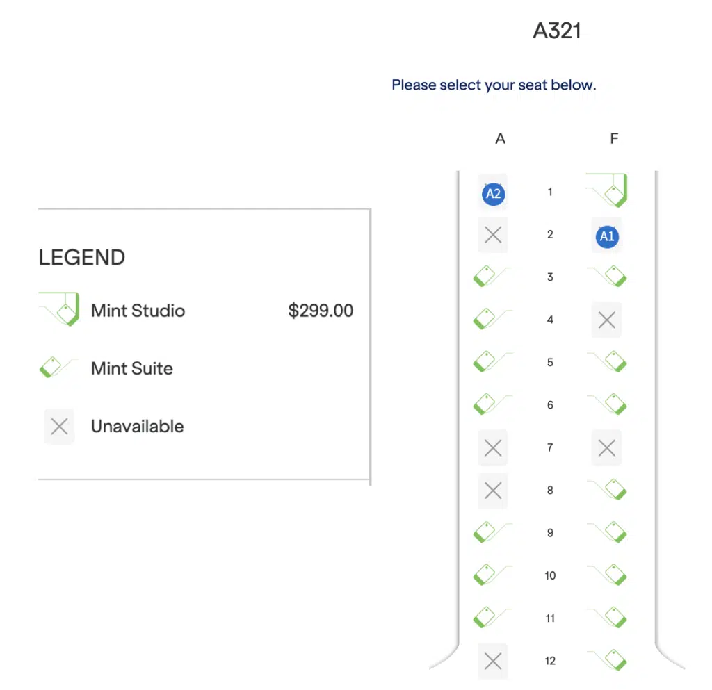 JetBlue Mint seat selection page